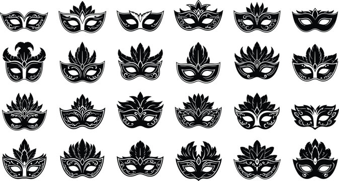 Masquerade mask vector set, black and white icons, carnival party masks, decorative feathers, ornate designs, festive graphic illustration
