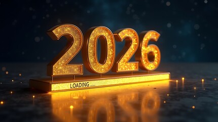 Golden 2026 numbers illuminated with sparkles on a reflective surface