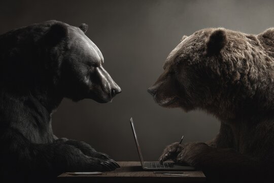 Bull and bear engaged in financial analysis at a desk with a laptop, showcasing market dynamics in a realistic setting