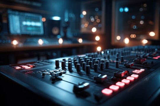 Sound board in a music production studio during an evening recording session with equipment and tools for mixing tracks - Powered by Adobe