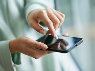 スマホを操作する女性の手元　A close-up of a woman's hands operating a smartphone　Generative AI
