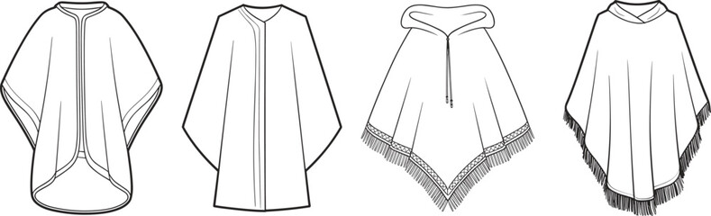 Collection of poncho and cape technical drawings, detailed vector fashion templates, apparel flat sketches for clothing designers, outerwear illustration set
