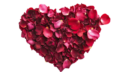 Heart shape design made of rose petals arranged in vibrant layered form with detailed soft floral texture clearly shown isolated on white background