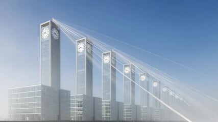 Modern city skyline featuring clock tower buildings with streams of light, symbolizing time management, deadlines, and the fast pace of business in a vibrant, dynamic urban center - Powered by Adobe