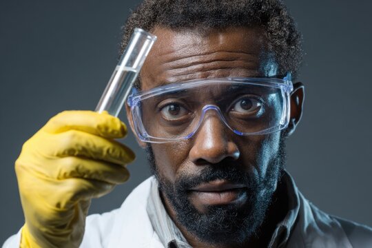 African American scientist conducts research in laboratory wearing safety gloves while holding a test tube filled with liquid at an indoor facility
