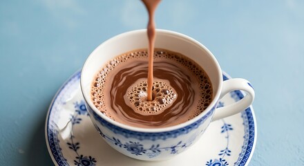 Hot Chocolate Delight: Steaming Cup with Delicate Blue Floral Pattern