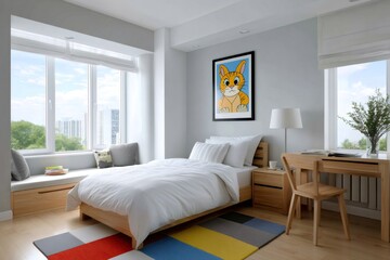 Modern kids bedroom with window seat and cat poster