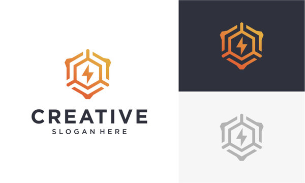 Lightning Bolt in Hexagon Shield: a modern logo concept, featuring a lightning bolt symbol enclosed within a hexagon, symbolizing energy, security, and innovation.