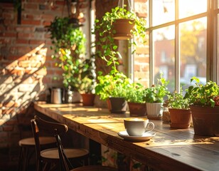 Fototapeta premium Rustic Café Interior with Hanging Plants and Latte Art
