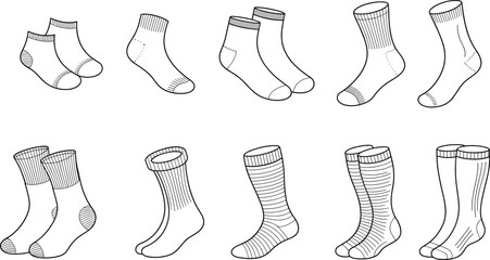 Collection of sock technical drawings, various lengths and styles, detailed vector apparel templates, fashion design flat sketches for clothing designers, illustration © what's a beautiful
