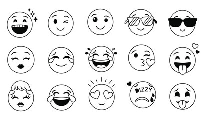 A variety of hand drawn emoji faces expressing different emotions like happiness, laughter, coolness, and silliness, isolated on a white background