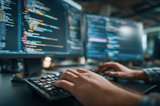 Smart IT developer creates innovative software solutions with C programming in a modern office environment - Powered by Adobe