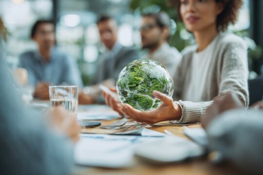 Business professionals engage in discussion about eco-friendly initiatives during a meeting focused on sustainability and environmental responsibility in a modern office setting