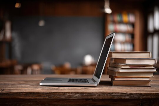 Modern classroom scene with laptop and stack of books on wooden desk during a study session in a well-lit environment