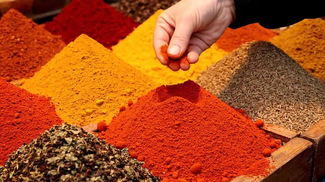 Hand Selecting Vibrant Red Spice at a Bustling Market Stall.