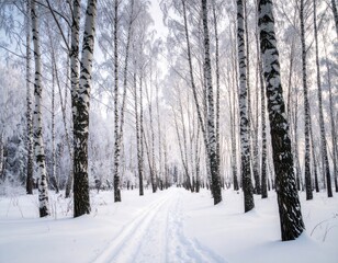 Fototapeta premium Winter forest scene with a path through snow-covered birch trees