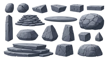 Assortment of grey stone blocks and rocks in various shapes and sizes, ideal for game development, architectural visualization, or fantasy themes