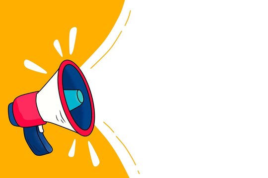 Red and white megaphone on a yellow background announcing news and important information on transparent background