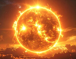 Obraz premium A vibrant cosmic display of a giant star, radiating intense heat and light. Surrounding nebulae and wisps emanate from its surface