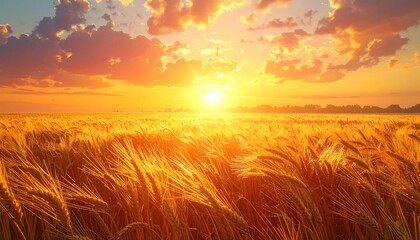 Obraz premium Golden wheat field at sunset under a vibrant, sunlit sky