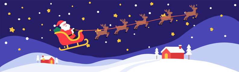 Santa Claus Flying with Reindeer Over Winter Village Night Scene
