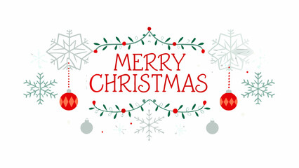 Festive merry christmas greeting with hanging ornaments and delicate snowflakes on a clean white background