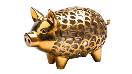 Golden piggy bank with shiny metallic surface and smooth rounded savings container shape clearly displayed isolated on white background