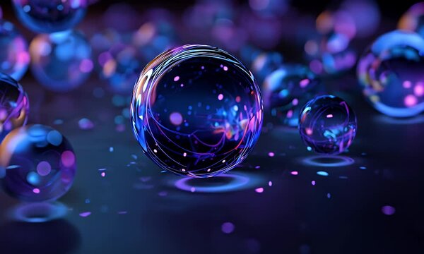 Abstract digital art featuring luminous translucent spheres with intricate internal glowing lines and particles in shades of deep blue and vibrant purple against a dark background
