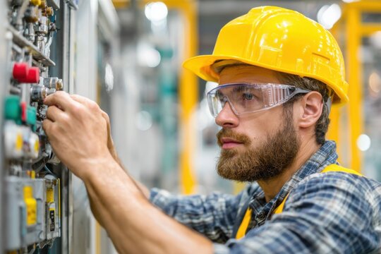 Closeup of male factory worker in yellow hard hat focused on control panel controls in industrial setting