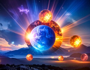 A vibrant, cosmic scene with a blue planet at the center, surrounded by fiery orbs and celestial light, set over a mountain range