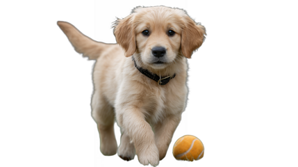 Golden Retriever Puppy: Playful Pup with Tennis Ball in Action