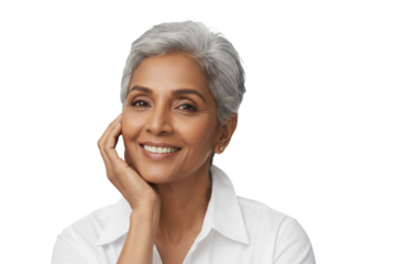 Confident mature Indian woman smiling with hand on cheek