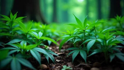 Lush forest floor teeming with vibrant green plants, a nature scene perfect for wellness brands or environmental awareness campaigns