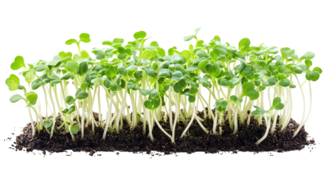 Fresh organic radish sprouts growing in nutrient soil with vibrant green stems and natural micro green development isolated on white background