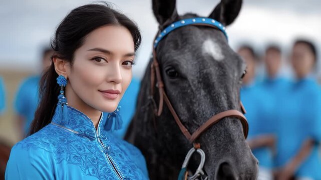 Tang Dynasty woman in gorgeous attire with her elegant horse