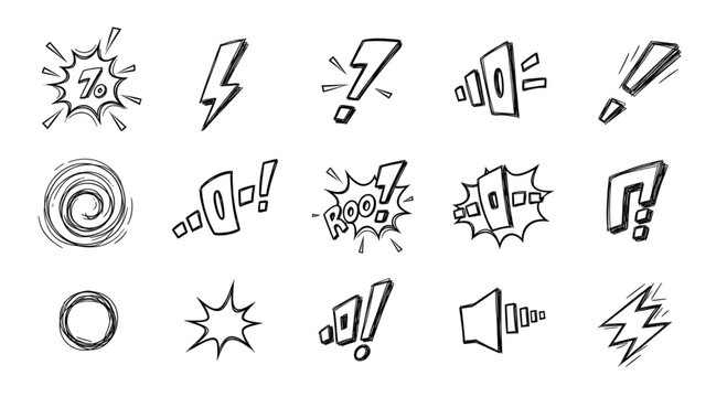 Cartoon doodle sketch set of exclamation marks and sound effects vector illustration design element art