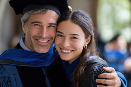 Doctoral graduate celebrates achievement with advisor during graduation ceremony in sunny outdoor setting - Powered by Adobe