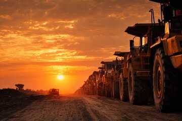 Fototapeta premium Construction trucks parked in a row on a dirt road during sunset in a construction site under a colorful sky