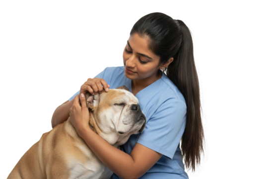 Compassionate South Asian vet cares for old bulldog with gentle touch