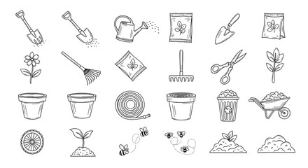 Gardening tools and equipment vector set for garden care and planting hand drawn doodle style illustration
