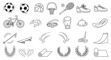 Sports equipment fitness recreation athletic activities gear vector line art illustration design set