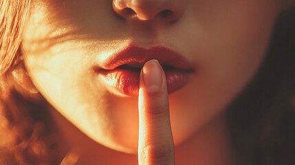Elegant lips with finger gesture for silence and secrecy, a beauty secret concept