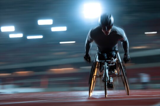 Dynamic wheelchair athlete demonstrates speed and determination during a nighttime race at a Paralympic event