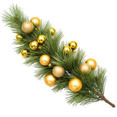 Festive christmas pine branch adorned with elegant golden ornaments on a black backdrop on transparent background