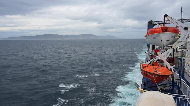 F&auml;hre, Meer, Rettungsboote, K&uuml;ste,, Sommer, Cookstra&szlig;e, Nordinsel, S&uuml;dinsel, Neuseeland, Ozeanien