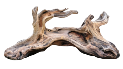 Dynamic driftwood piece with rugged organic texture and naturally shaped weathered form highlighting coastal character isolated on white background