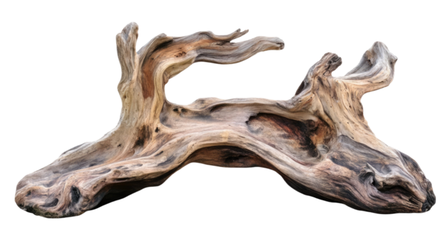 Dynamic driftwood piece with rugged organic texture and naturally shaped weathered form highlighting coastal character isolated on white background