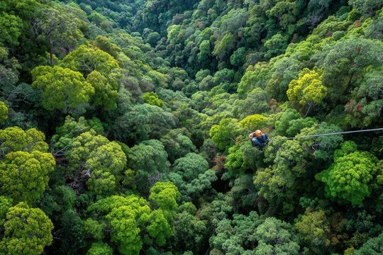 Adventurer experiencing thrill of ziplining over lush rainforest canopy during a bright, clear day in a tropical paradise