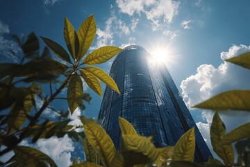 Skyscraper shines bright under the sun with leaves framing the city skyline and clouds reflecting on glass surfaces