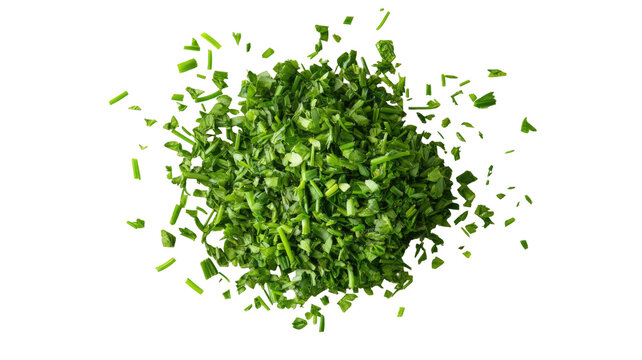 Dry chive pile with crisp herbal texture showing natural dehydrated seasoning strands arranged neatly isolated on white background